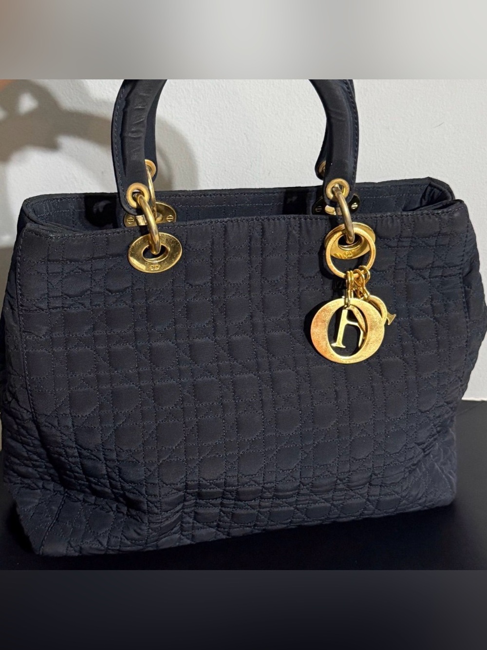 Dior Lady Dior Nylon Cannage Tote Black Gold Charm Medium Handbag - Picture 2 of 5